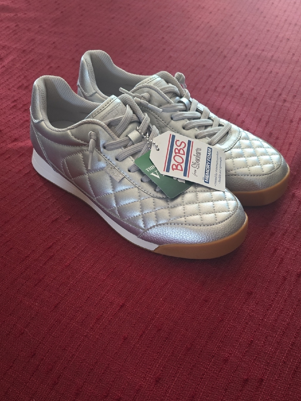 Skechers BOBS Billie Wild  Quilted Silver Lace-Up Sneakers. NWT